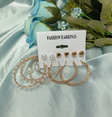 6 Pairs Stylish Pearl Circular Hoop Earrings set